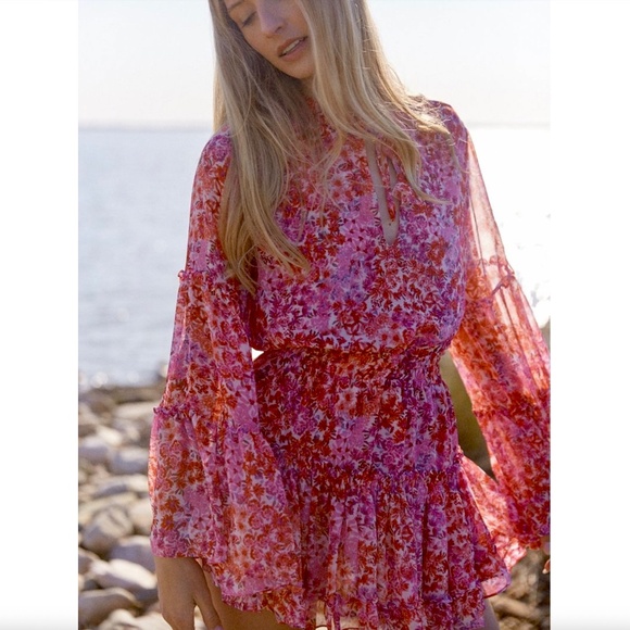 Misa Los Angeles New with Tags Leeva Mini Floral Long Sleeve Chiffon Dress Sz M - Picture 2 of 8